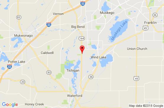Map showing Whorley Self Storage location near Tichigan, Wind Lake, and Waterford WI